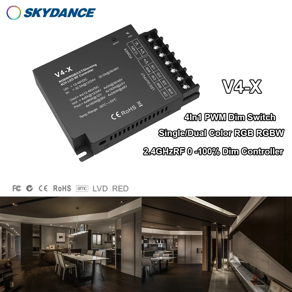 

DC12-48V V4-X 4In1 Single/Dual Color RGB RGBW Constant voltage Dim 0 -100% PWM 2.4G Switch Controller for Light strip or Module