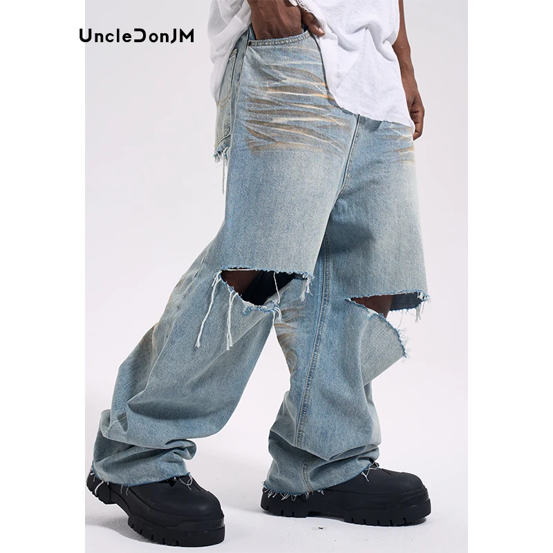 

Knee Ripped Denim Jeans Big Holes Wide-leg Mopping Jeans Hip Hop Elephant Pants Streetwear Men Y2k Pants Vintage Baggy Jeans