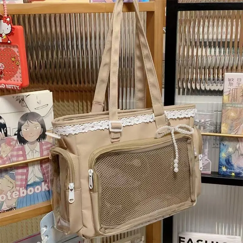 Japanese Anime White Messenger Bag for Women Transparent Lace Decoration Large Capacity Waterproof Tote Bag