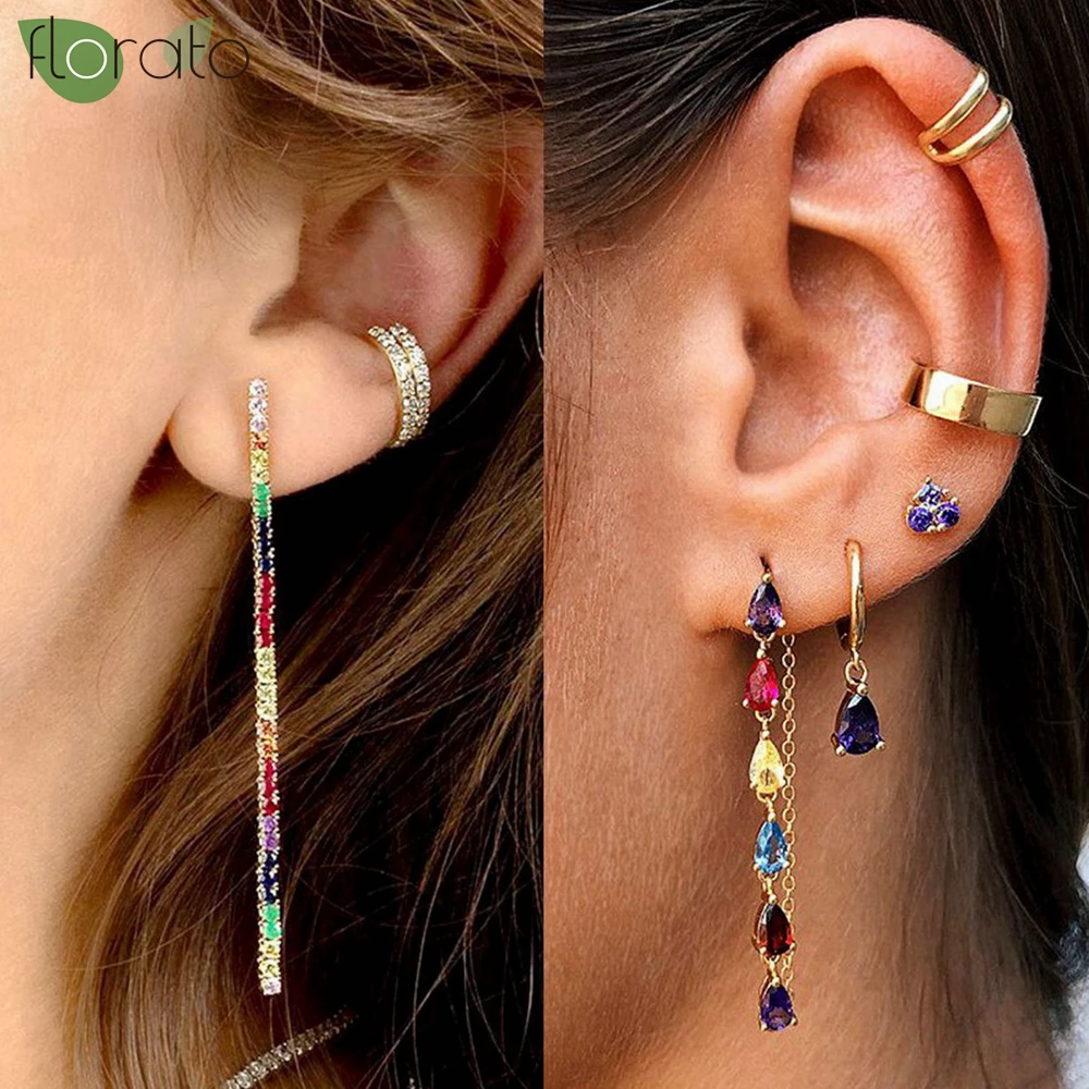 925 Sterling Silver Needle Colorful Zircon Long Earrings for Women New Shining Fine Stud Earrings Wedding High Quality Jewelry