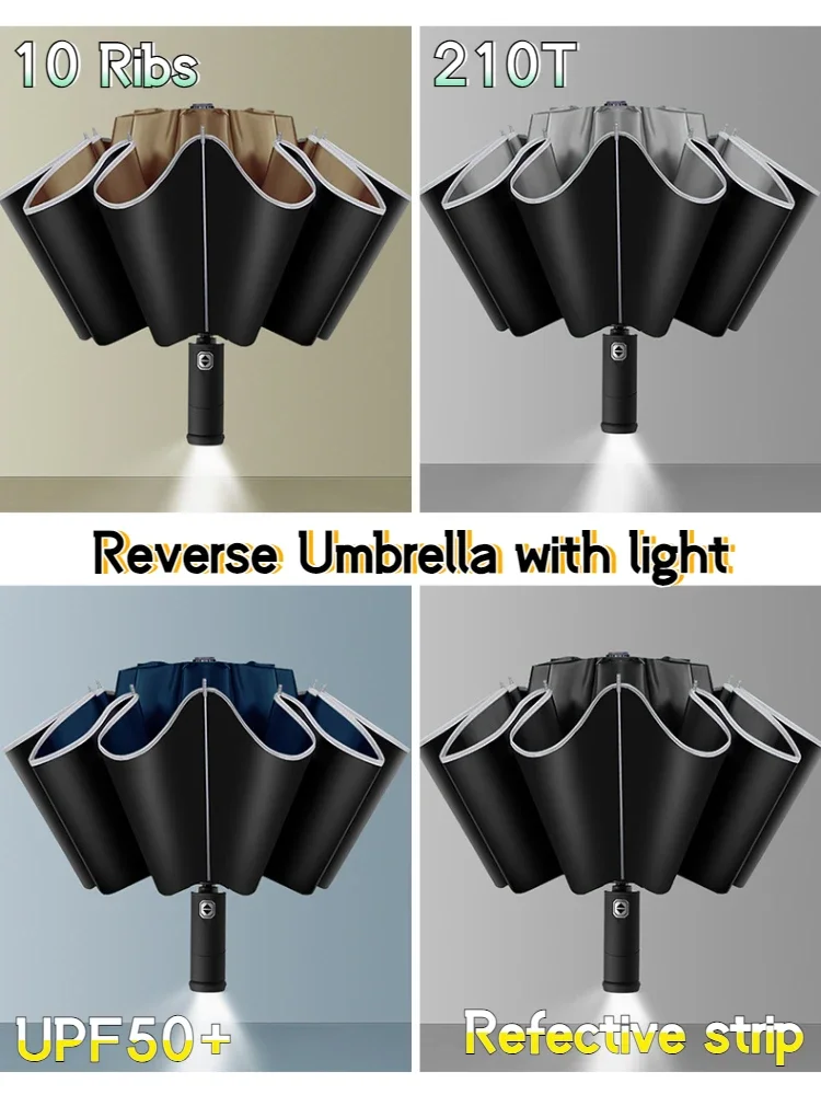 210T Automatic 10 Ribs UV Reverse Folding Car Umbrella with Torch Light Wind Proof Reflective Stripe UPF50 for Sunny Rainy Day