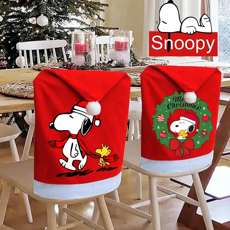 Lindo sombrero de Papá Noel de Snoopy, funda para silla, maní, cómic, dibujos animados, fiesta de Navidad roja, decoración de mesa de comedor para el hogar, regalo de Cosplay de Navidad de Anime