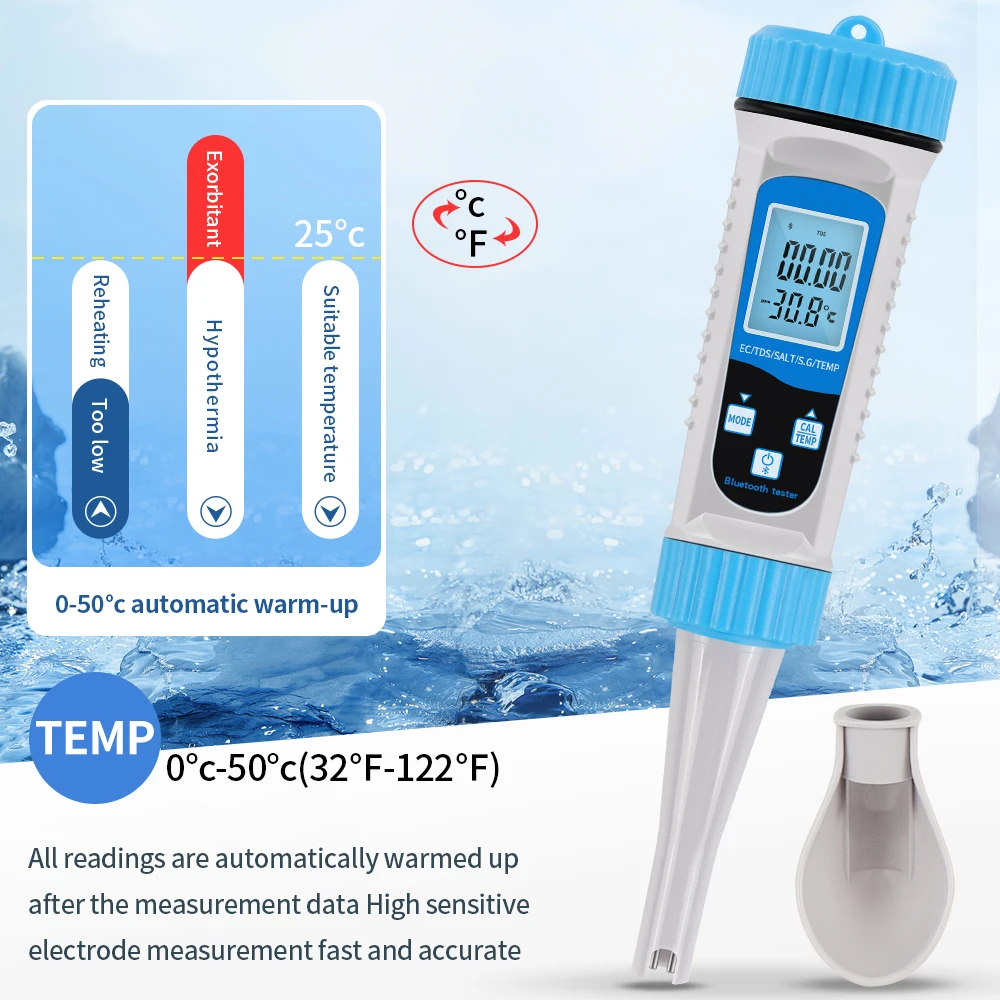 Tester di qualità dell'acqua 5 in 1 Bluetooth EC TDS SALT SG TEMP 2 metodi di calibrazione trasferimento dati in tempo reale per acquario idroponico
