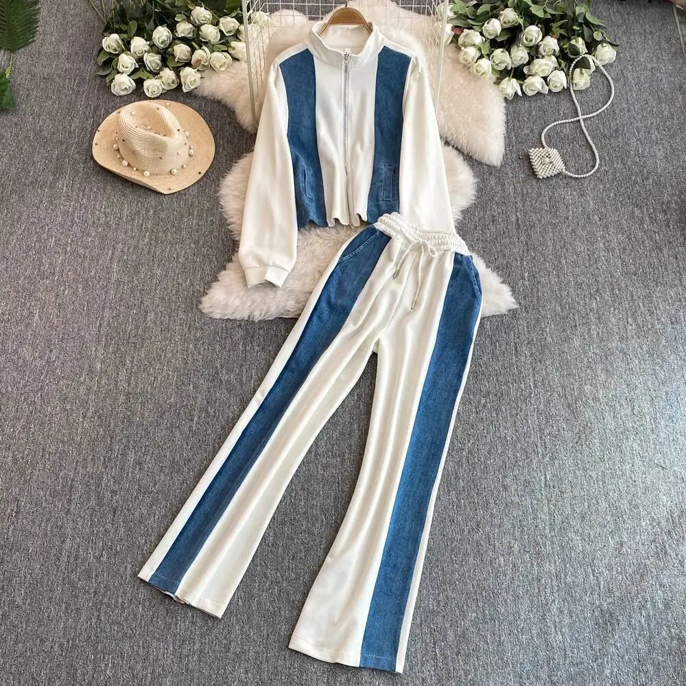 

Мода Корея воротник-стойка костюмы с длинными рукавами толстовки лоскутные джинсовые повседневные прямые спортивные штаны новые комплекты с высокой талией брюки