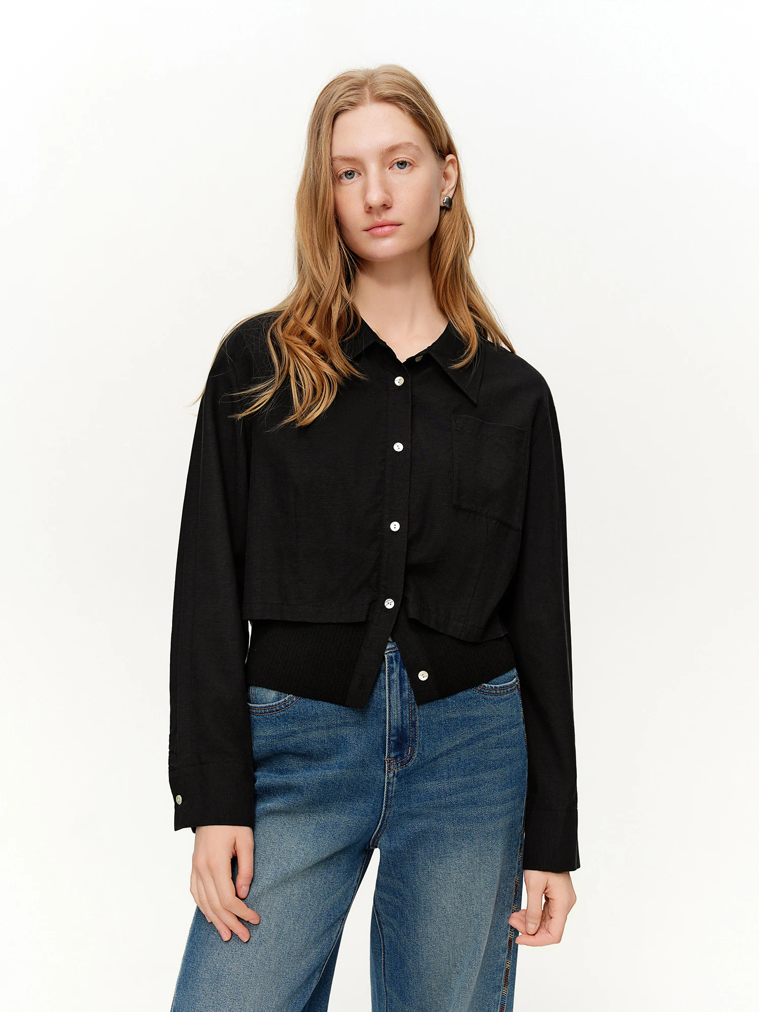 DUSHU 2026 Frühling Damen Geripptes Dreifarbiges Langarmhemd - Elegante Bluse für den Arbeitsweg Vielseitiges Styling fürs Büro