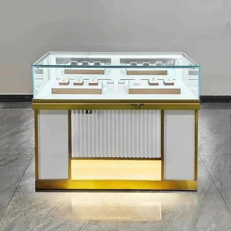 Luxury Jewelry Display Cabinet Accessories Jade Gold Store Painted Wood Glass Showcase