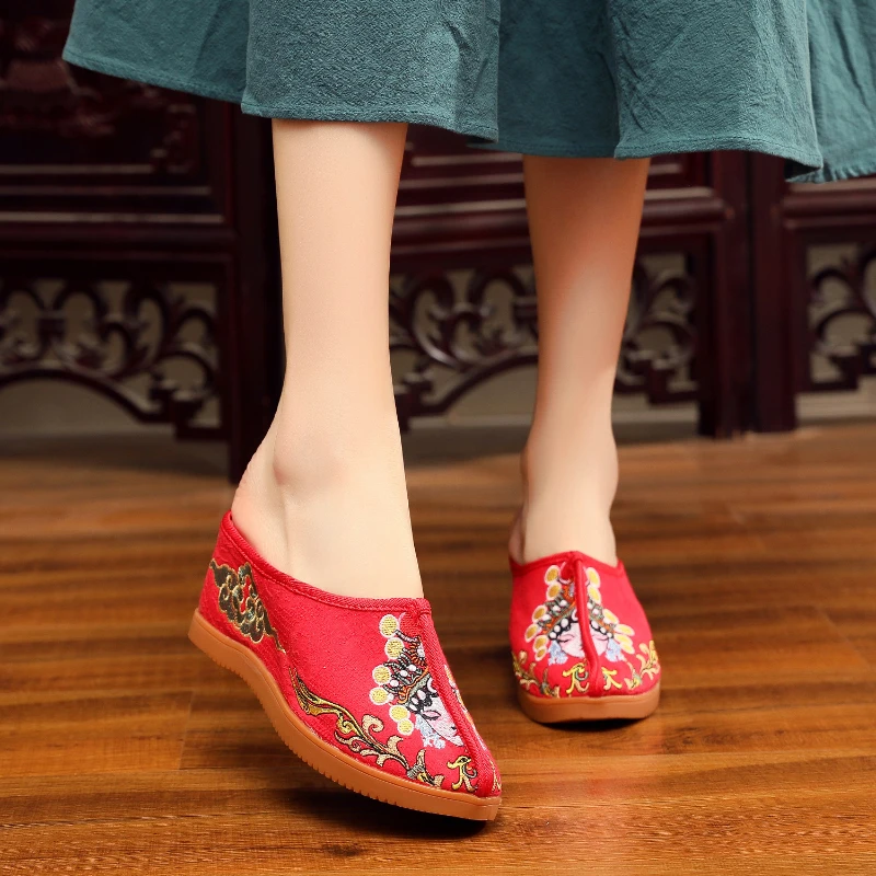 Casual High Heel Embroidered Slippers Woman Chinese Style Theatrical Face Oxford Flat Women\'s Shoes Home Slippers Wedge Shoes