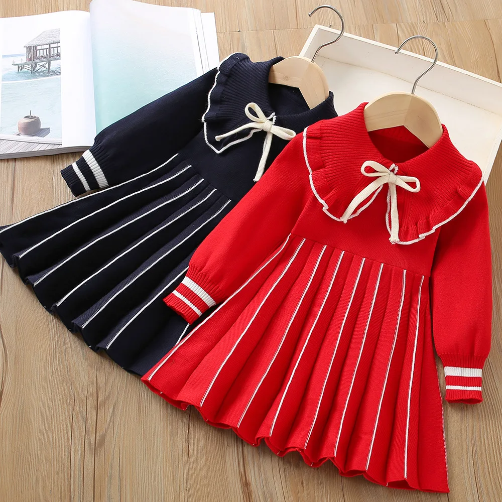 Autumn/Winter Girls' Clothing 1-5 Y Children's Elegant Turn Down Collar Sweater Dress Girls Outfit Kid's Fashion Kintted Dress