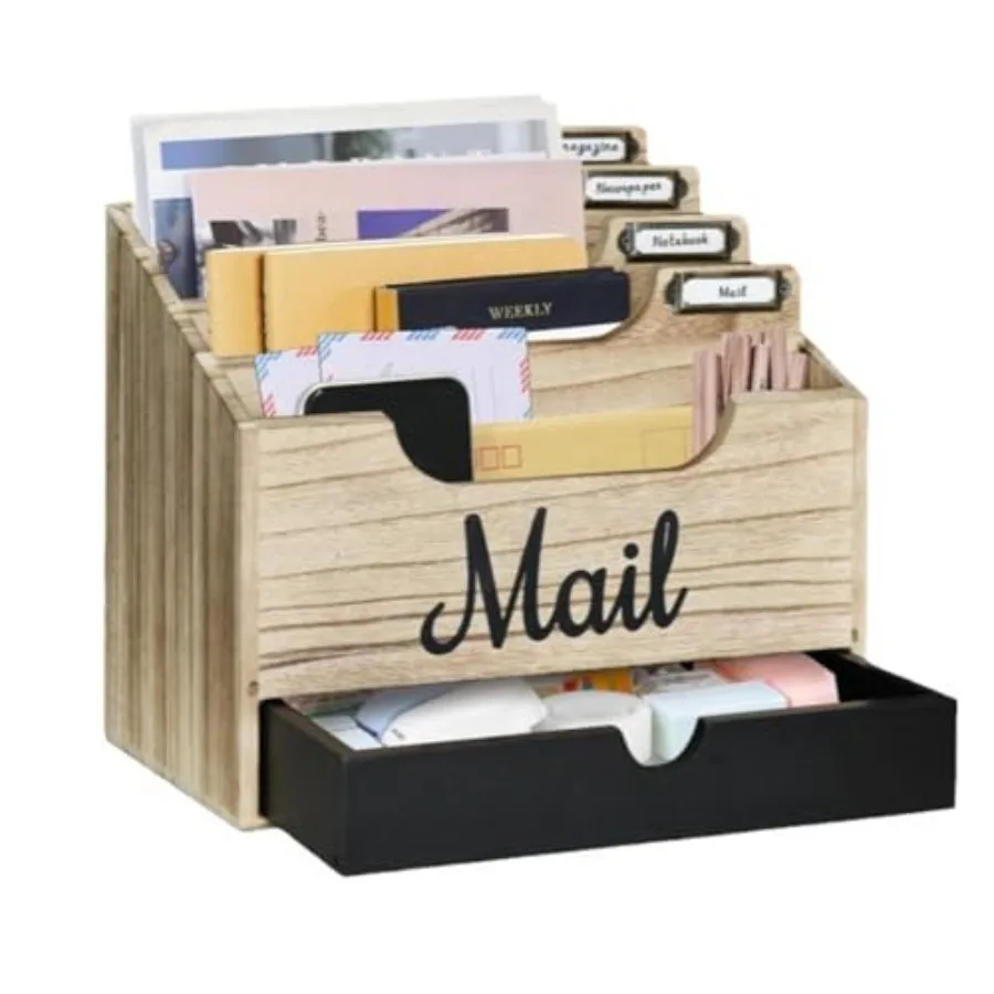

Деревянный настольный органайзер для почты и документов с 4 отделениями и выдвижным ящиком, держатель-сортировщик для бумаг