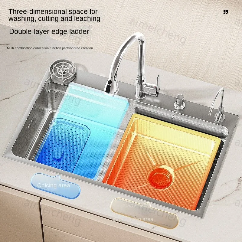 304 Stainless Steel Kitchen Sink Silver Large Single Slot Wash Basin Nano Dishwashing Undermount Sink Left side drainage