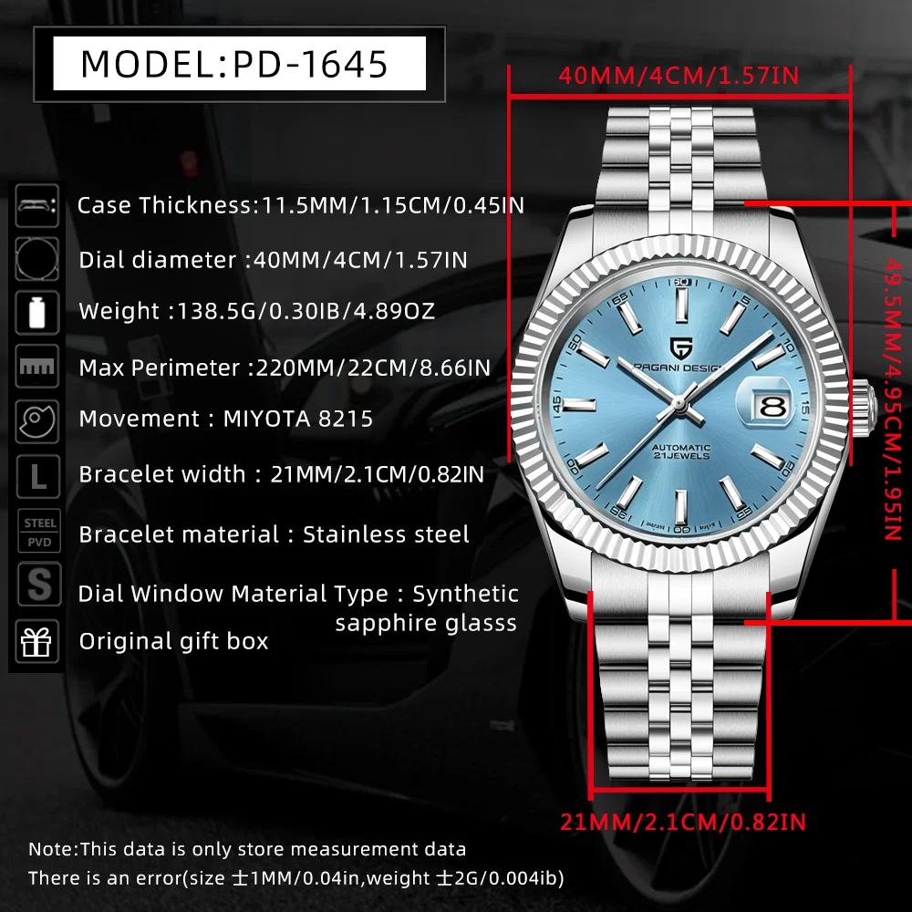 Pagani Design Men's Automatic Watch Luxury Sapphire Glass 100M Waterproof Stainless Steel Date Display Business Mechanical Watch