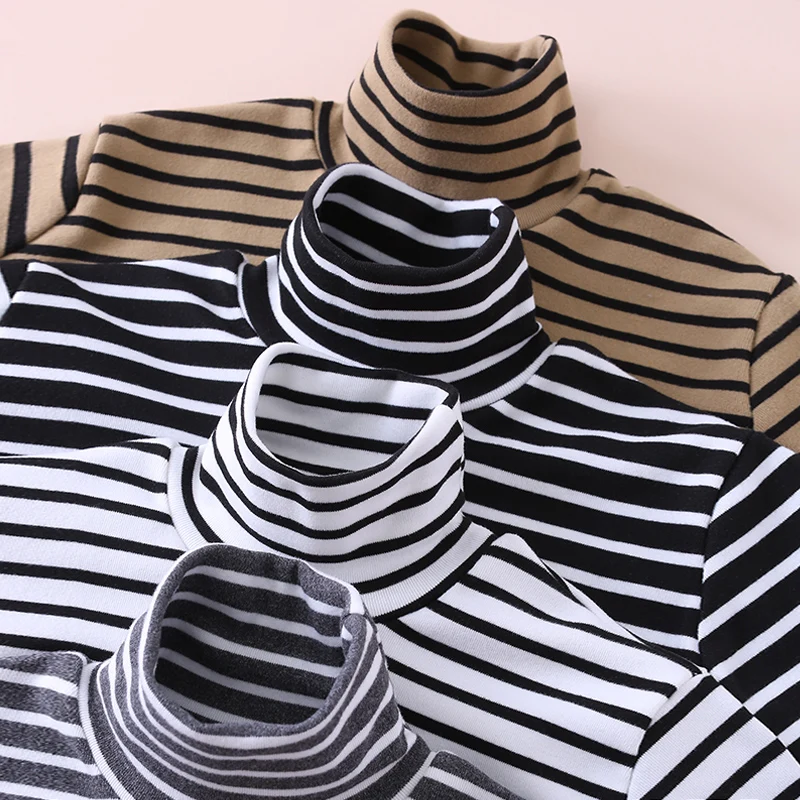 Autumn And Winter Children's Fashion Striped High Neck Long Sleeved Base Shirt Boys' Casual Sports Top Girls' Versatile Warm T image 6