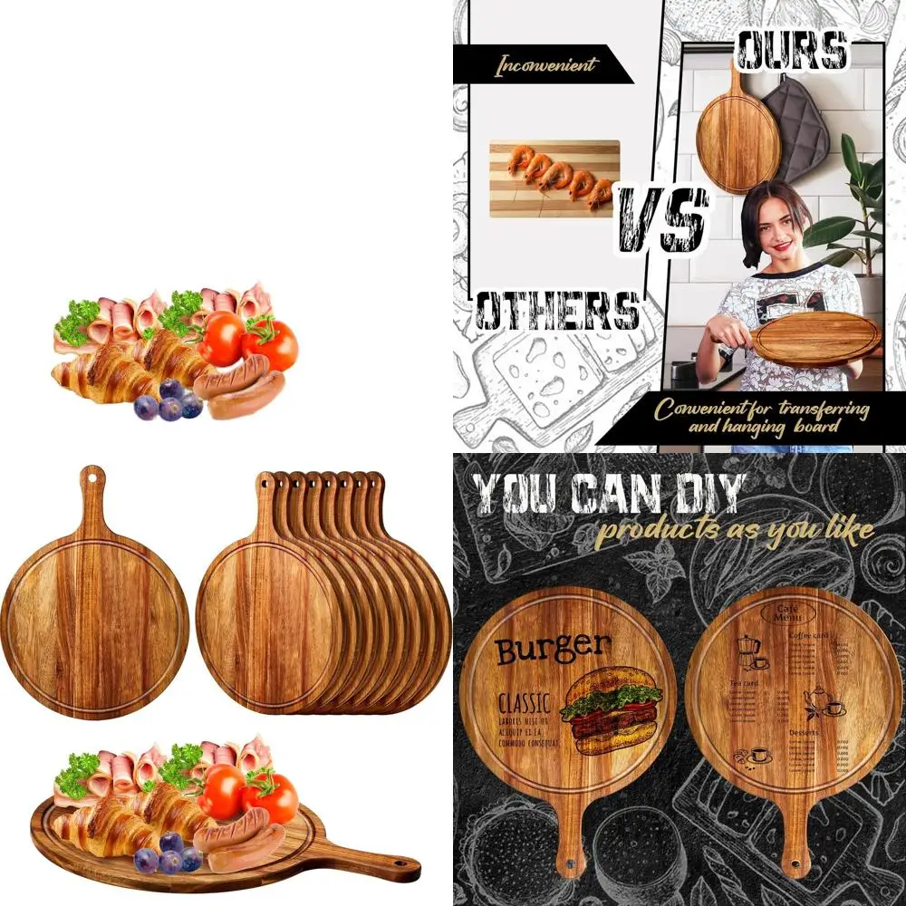 

10-Piece Round Acacia Wood Cutting Boards with Handle for Kitchen, Serving Pizza, Bread, Cheese, Charcuterie, Fruits, and Vegeta