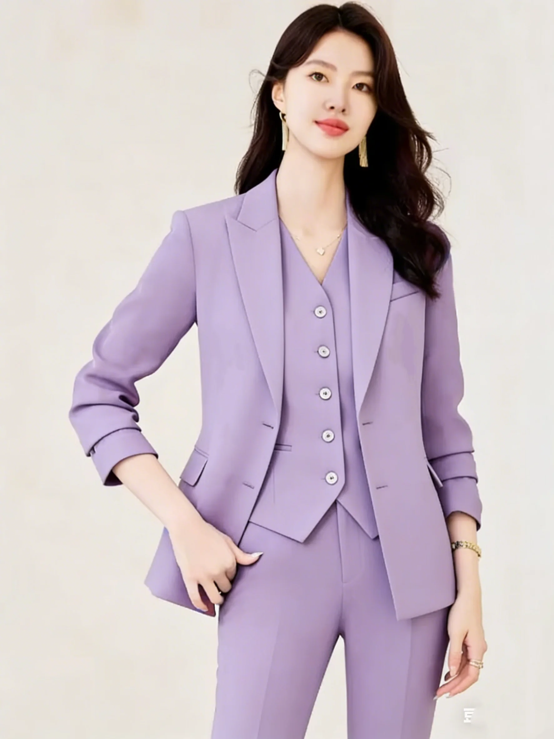 

Elegant Women's Office Suit Jacket Pants Vest 3 Piece Blue Notch Lapel Jacket Autumn Women's Pants Sets ropa de mujer