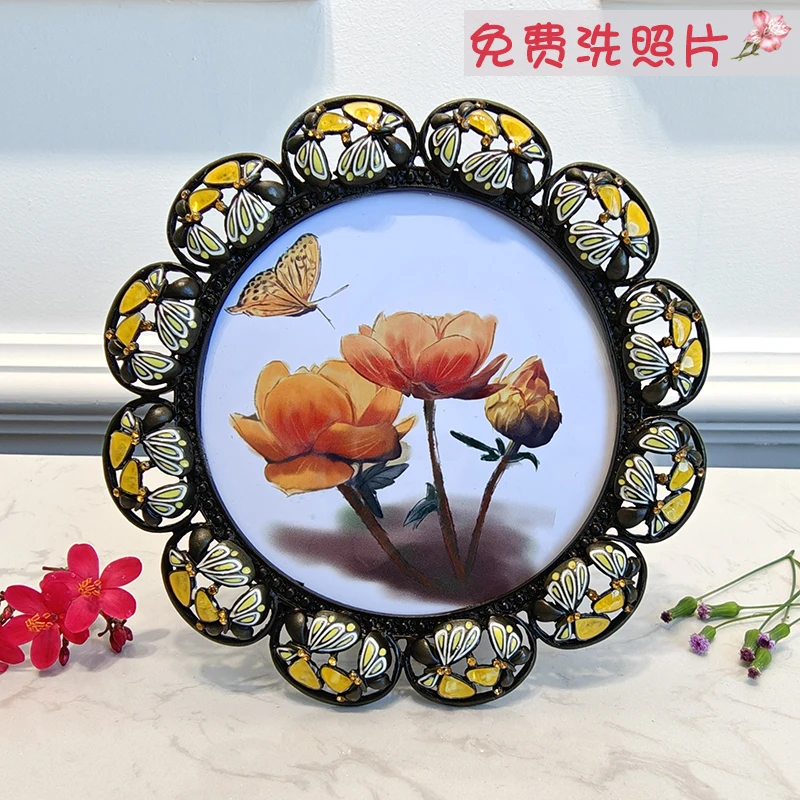 Round 4-inch enamel diamond-encrusted photo frame coffee house coffee shop creative desktop ornament round photo frame table