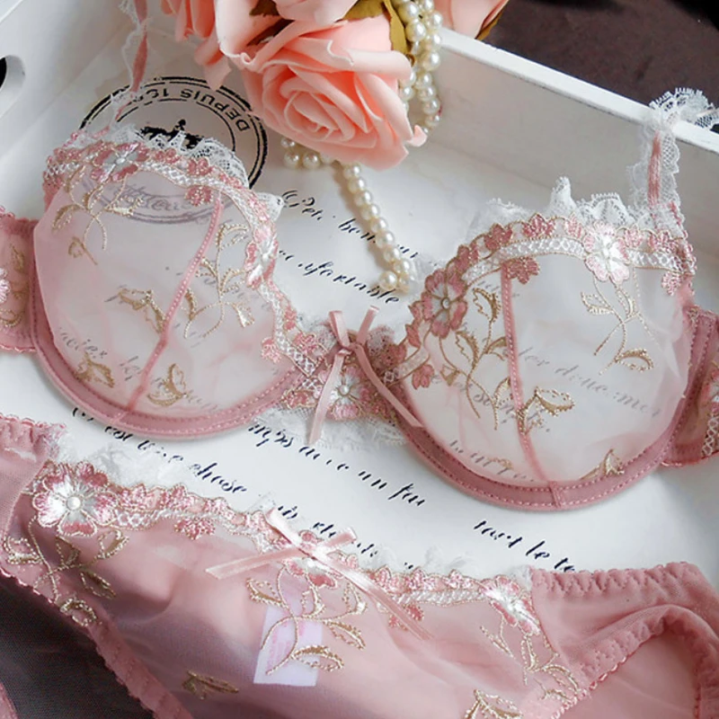 

Sexy Female Lingerie Floral Embroidery Lace Underwear for Women Transparent Ultra-Thin Brassiere Pure Desire Bra and Panty Set