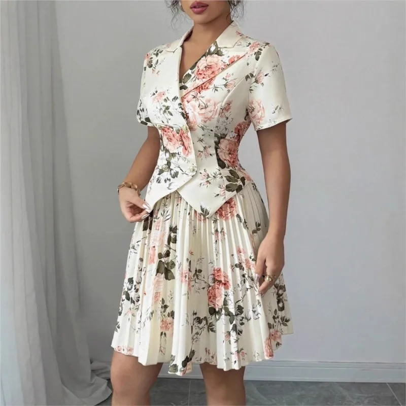 

Two-piece Set Of Lapel Short-sleeved Tops And Skirts 2026 Spring And Autumn Women's New Fashion Flower Print Casual Suits