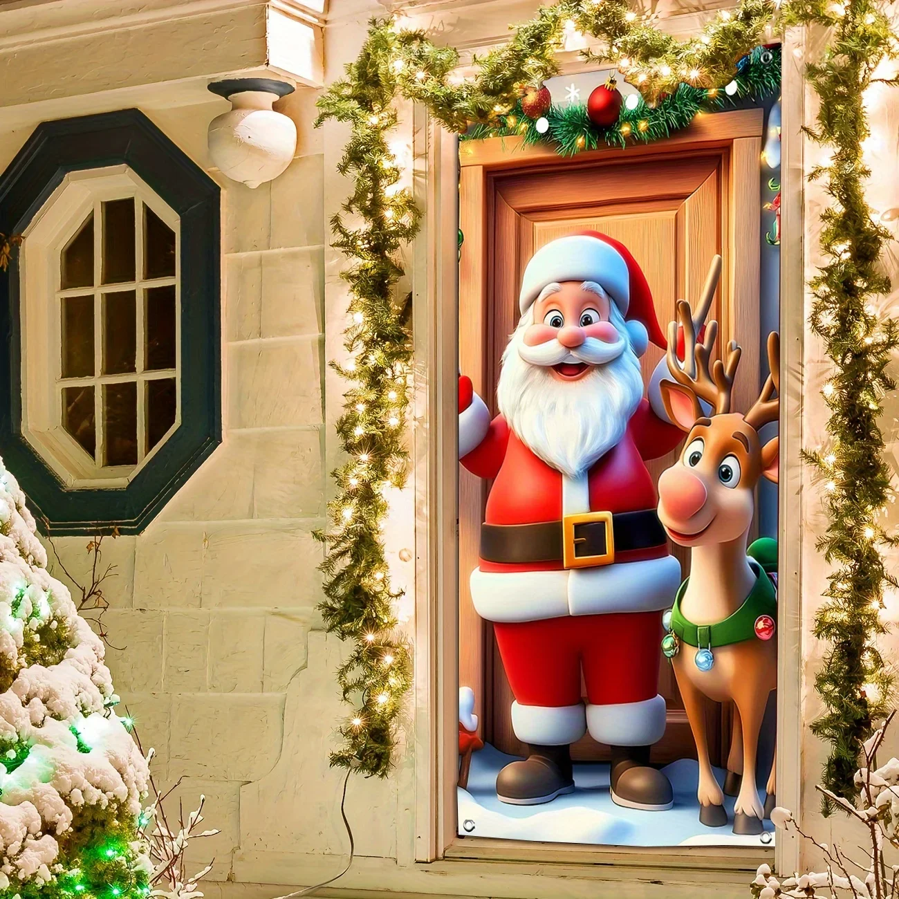 2D door flags, festive Santa Claus and reindeer Christmas door flags - polyester, festive decorations, for indoor/outdoor use