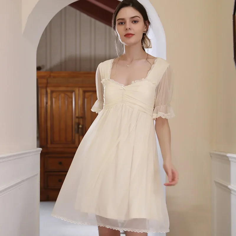 

Apricot Short Sleeve Nightgown Sexy Mesh Night Dress Princess Sleepwear Nightwear Summer Women Sweet Fairy V Neck Nightdress