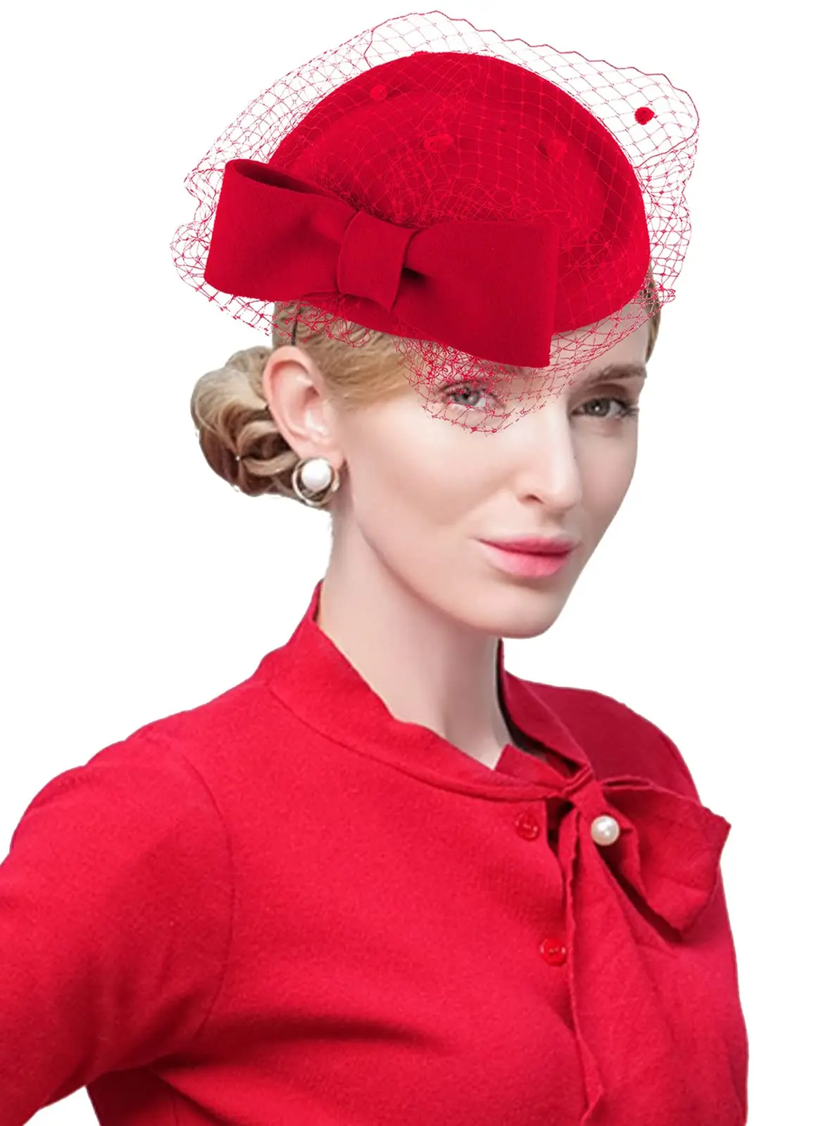 Women Elegant Bowknot Veil Fascinator Hat Cocktail Beret Cap Lady Wedding Party Church Hair Accessories Wool Felt Pillbox Hat