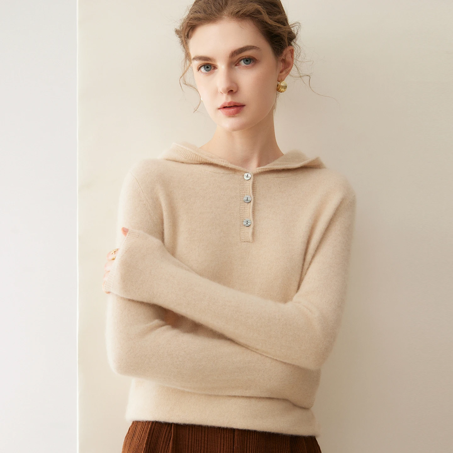 A-class high-quality women's 100% cashmere sweater solid knitted Jumper hooded collar loose Blouse Tops button semi-open placket
