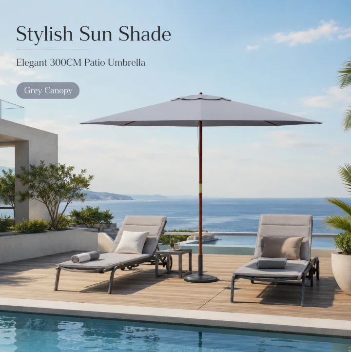 Parasol de terrasse carré de 300 cm avec mât central, OMBRELLONE PALO CENTRALE, parasol d'extérieur, protection UV imperméable, abri solaire pour jardin, piscine, terrasse, cour, gris et beige en option