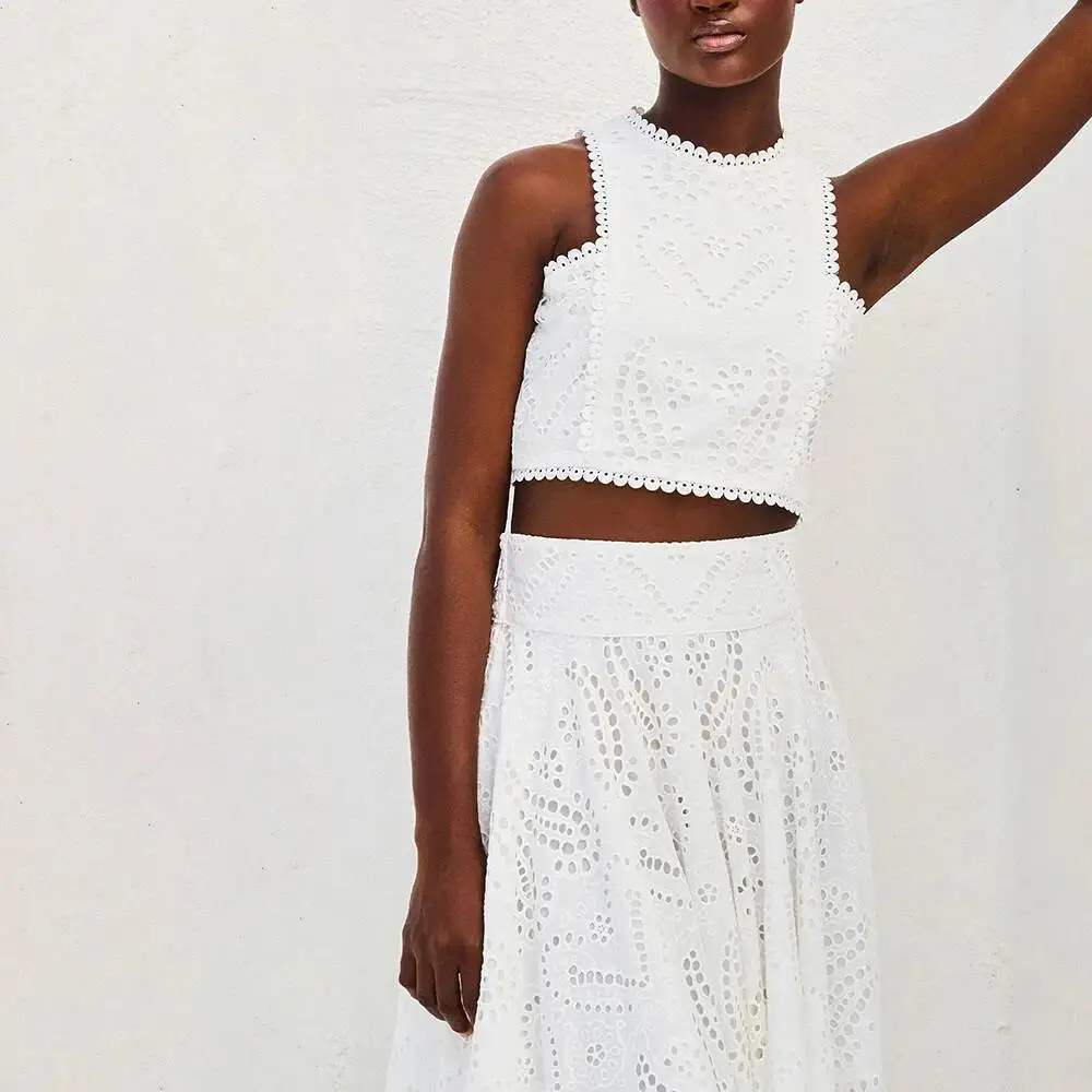 KWTX 2025 Embroidery Two Piece Set for Women O Neck Sleeveless Hollow Out Top High Waist A Line Skirt Slimming Sets Female
