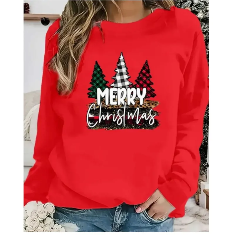 Elegant women's party hooded sweatshirt round neck pullover Christmas tree reindeer printed personalized sweatshirt for women