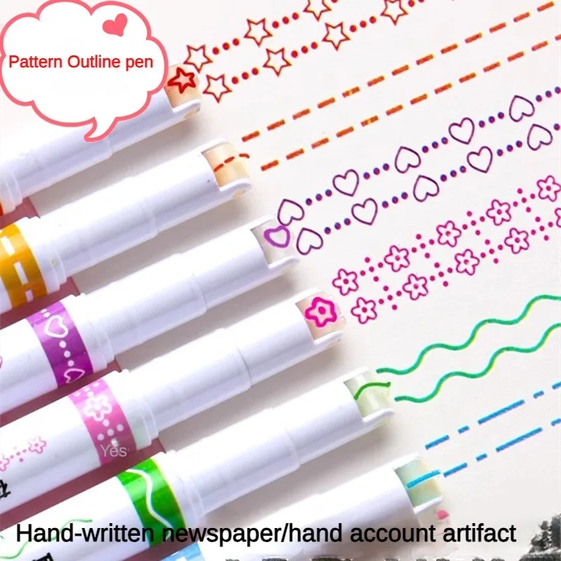 6Pcs/Set Flower Line Shape Highlighter Pen Roller Tip Curve Liner Marker Kawaii Korean Stationery School Office Supplies Gifts