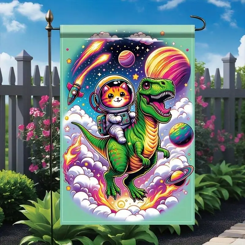 Space Cat Dinosaur Garden Flag 12x18 Inch Double Sided for Outside Astronaut Cat Riding T Rex with Planets Rockets and Stars jjp