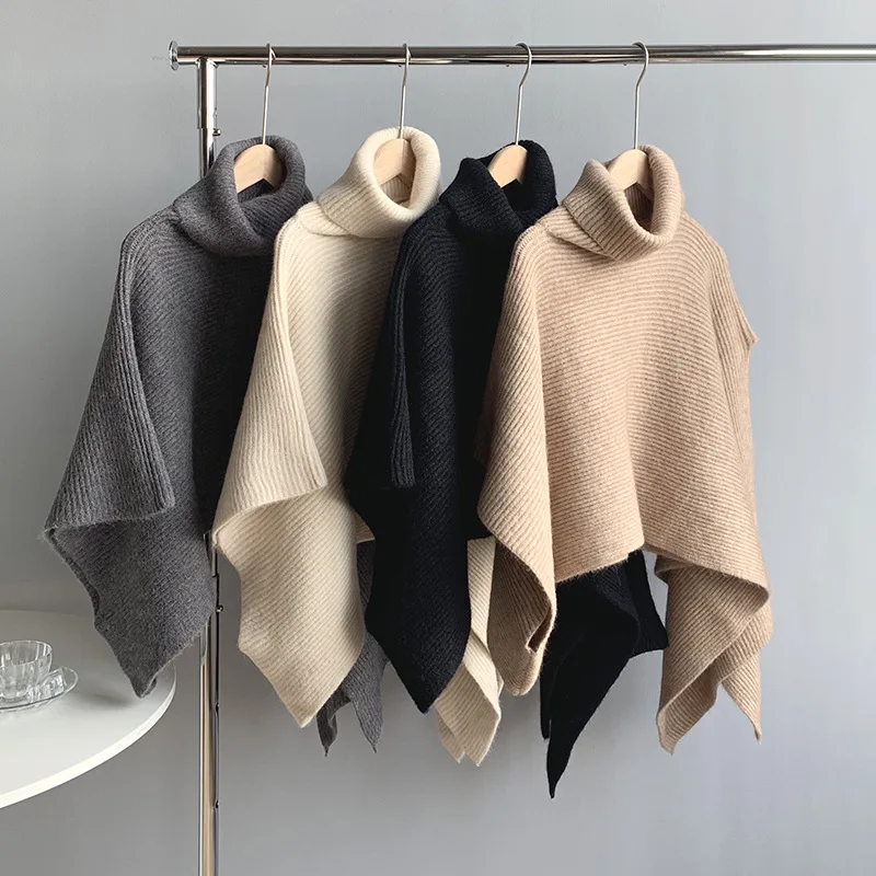 Winter New Irregular Vintage Turtleneck Knitted Cape Pullover Women Casual Knitwear Solid Basic Elegant Top Cloak Sweater