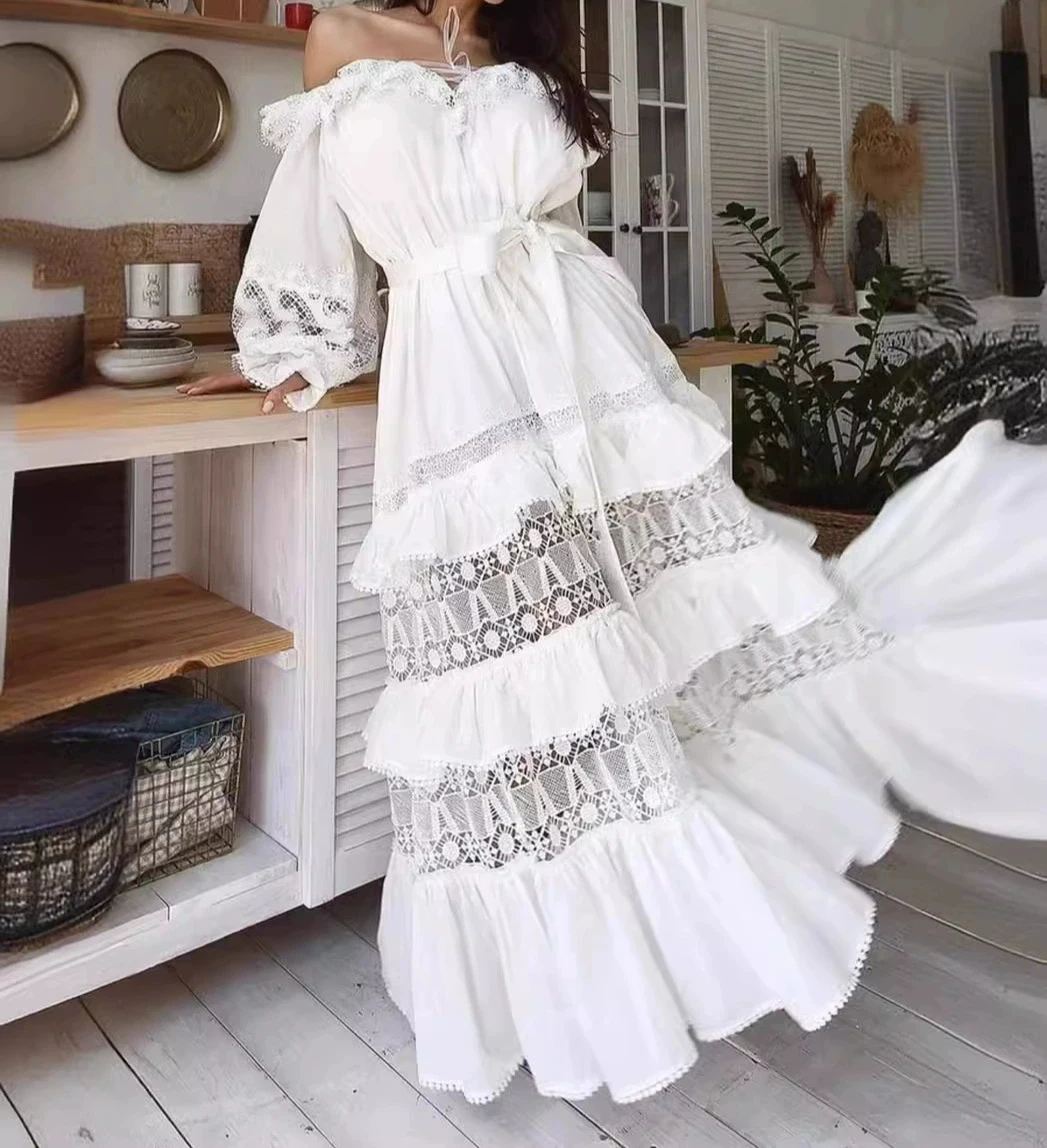 

Весна и лето 202, новое длинное платье с длинными рукавами и рюшами, длинное платье с длинными рукавами и поясом, австралийский праздничный стиль-GZXX050