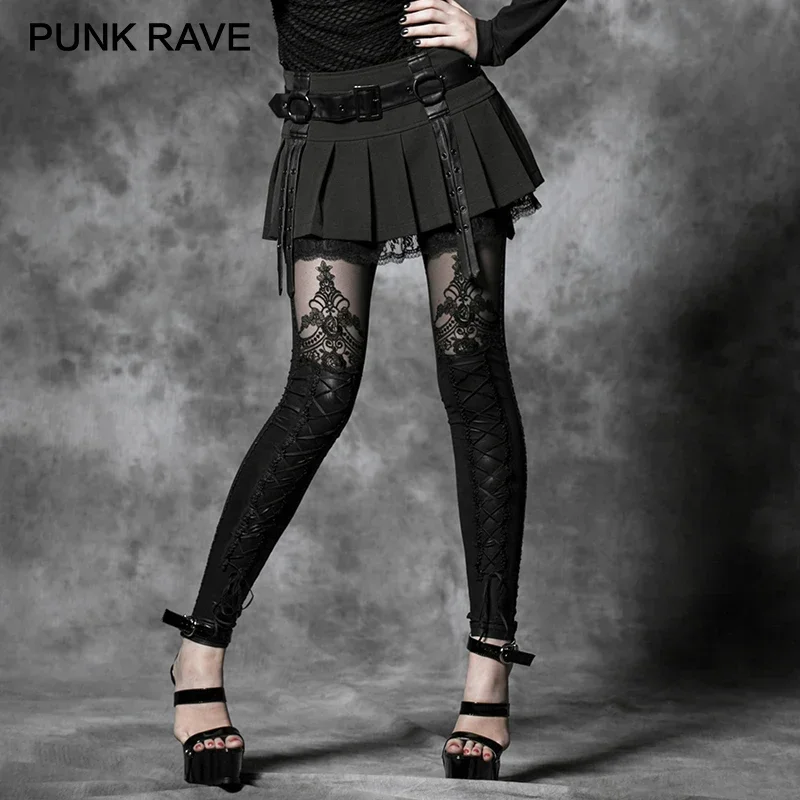 PUNK RAVE-mallas elásticas de encaje para mujer, pantalones largos ajustados de retales negros, ropa Punk Rock