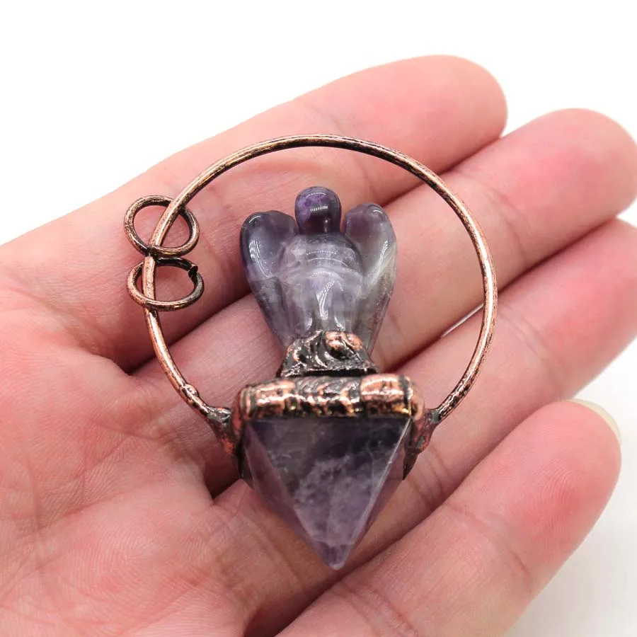 

Antique Copper Crystal Angel Stone Pendants For Women Natural Gemstone Amethyst Quartz Vintage Pyramid Pendant Man Jewelry Gifts