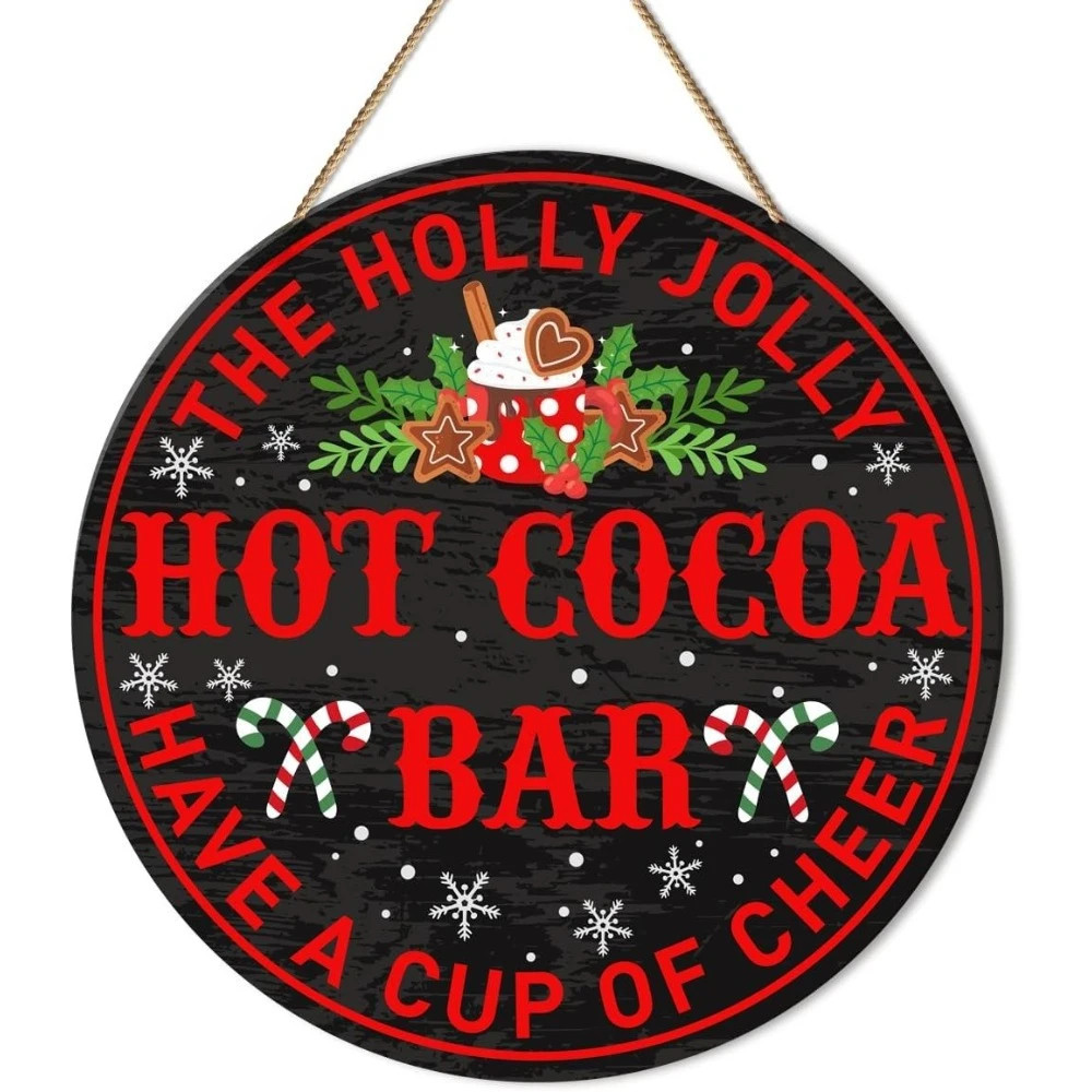 Hot Cocoa Bar Decor Sign, Christmas Decor for Home Kitchen Coffee Bar Cafe, Holiday Hanging Sign, Xmas Winter