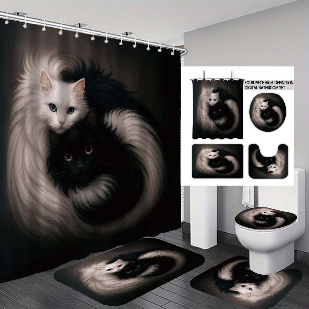 

Valentine's Day cute black white cat print bathroom 4pcs set 180x180 waterproof shower curtain floor mat U-shaped toilet mat