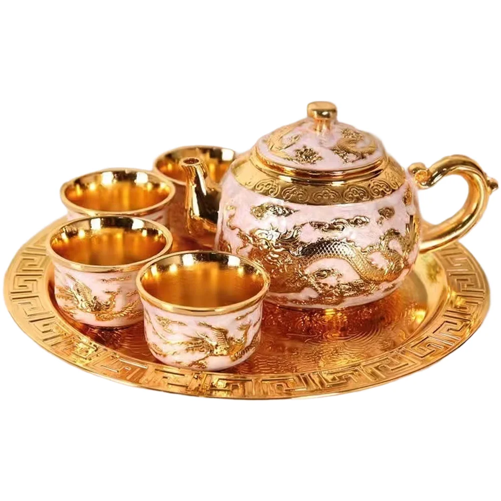 Chinese Aesthetic Tea Set Silver Electroplated Zinc Alloy with 1 Tray 1 Pot and 4 Cups for Daily Use  Chinese