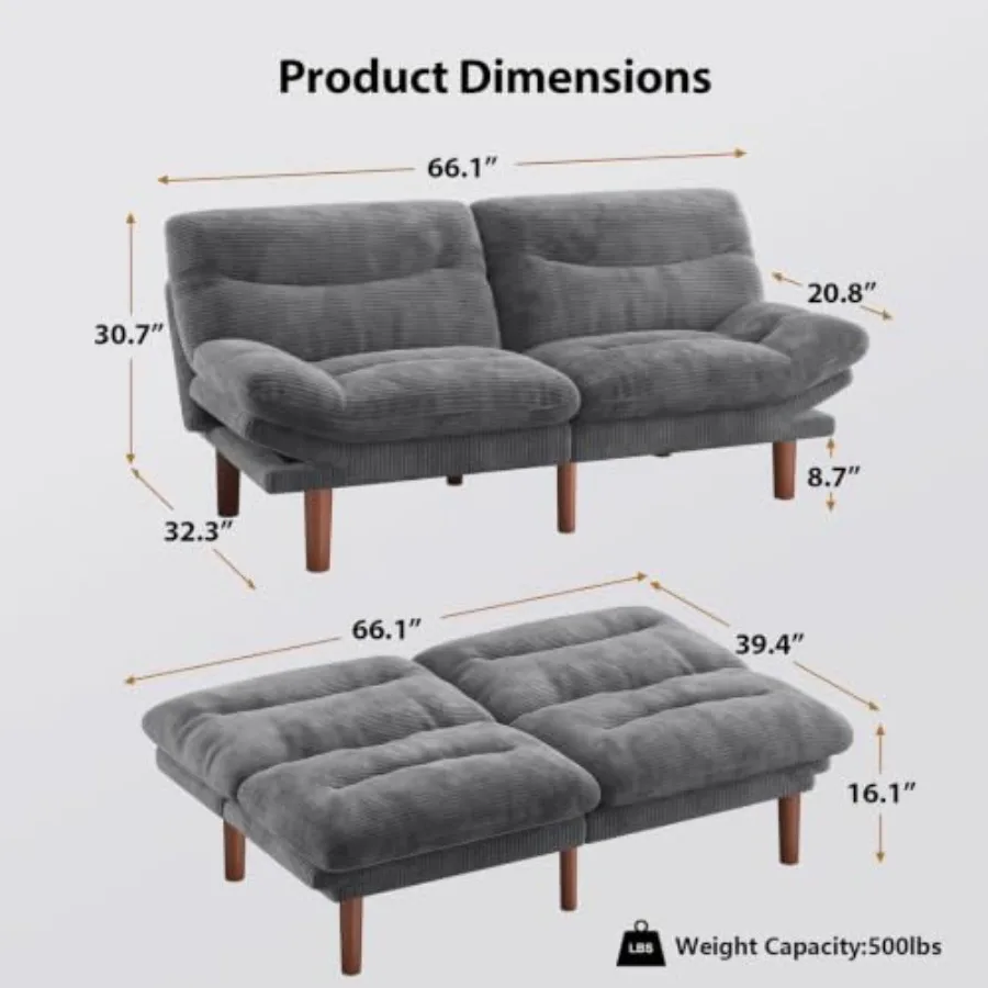 Convertible Futon Sofa Bed for living room, corduroy fabric, gray, reversible design with removable cushions