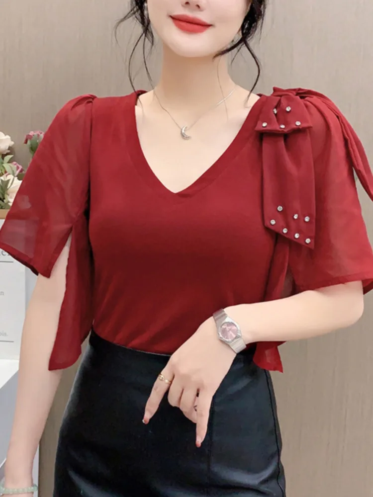 #7215 Black White Red Skinny T Shirt Women Spliced Chiffon Half Sleeve Diamonds Sexy Short Tshirt Femme Thin V-neck Korean Style