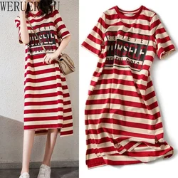 Striped Print Short Sleeve Midi Dress Summer Aesthetic Clothes Korean Fashion Casual Harajuku Dresses for Women 2023 Vestidos