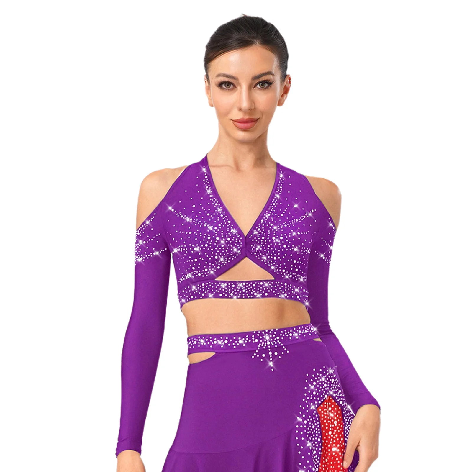 Abito latino senza schienale stile sexy da donna Jazz Samba Cha-cha Tango Costume da spettacolo di danza Halter Manica lunga Crop Top + Gonna Set