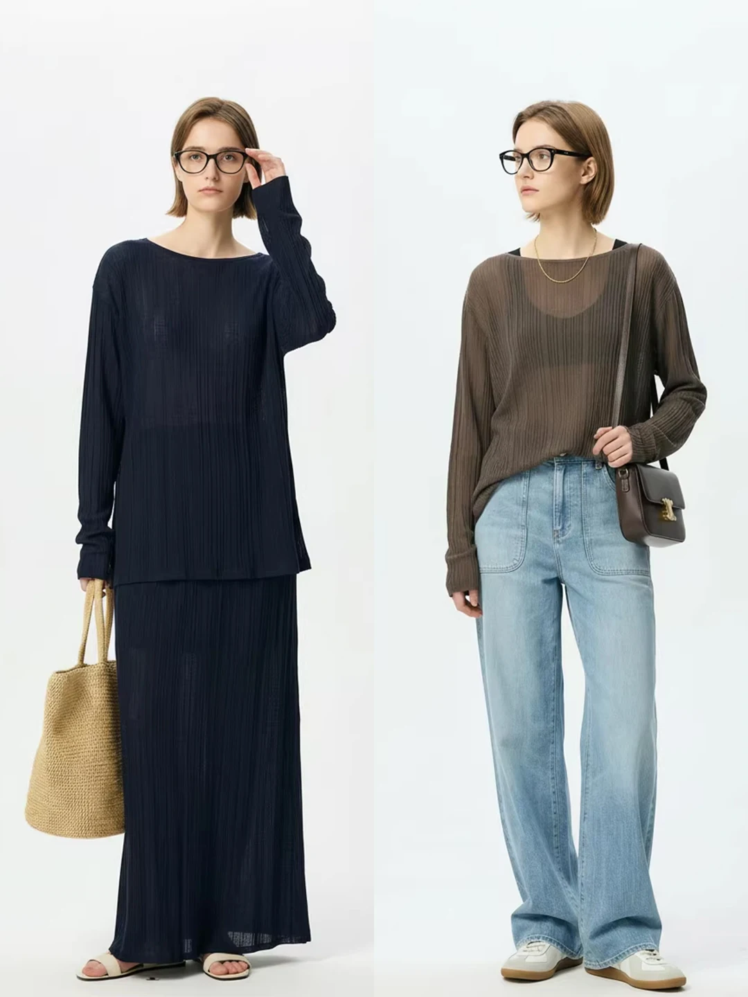 

Soft Wool Texture Striped Asymmetrical Hem Top And Half Skirt Ensemble Casual Commute Style Loose Fit Long Sleeve