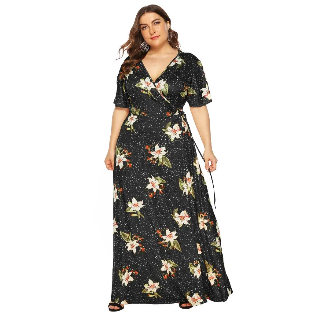 

Платье длиной до пола с цветочным принтом, большие размеры, глубокий V-образный вырез, короткий рукав, европейско-американская мода 11037