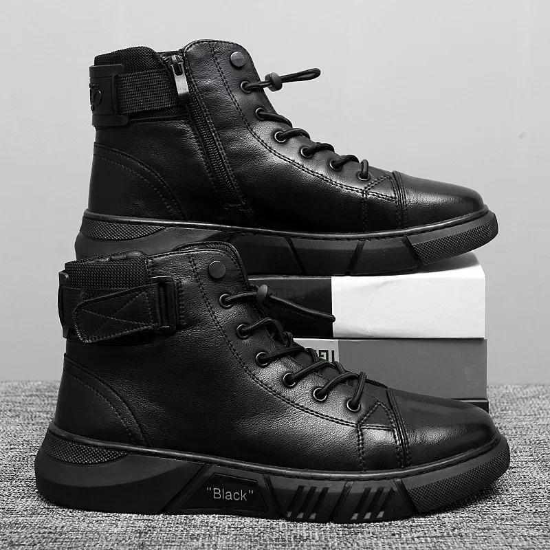 2024 Otoño Invierno moda botines de hombre de cuero PU de alta calidad cómodos zapatos casuales de plataforma de cuero negro