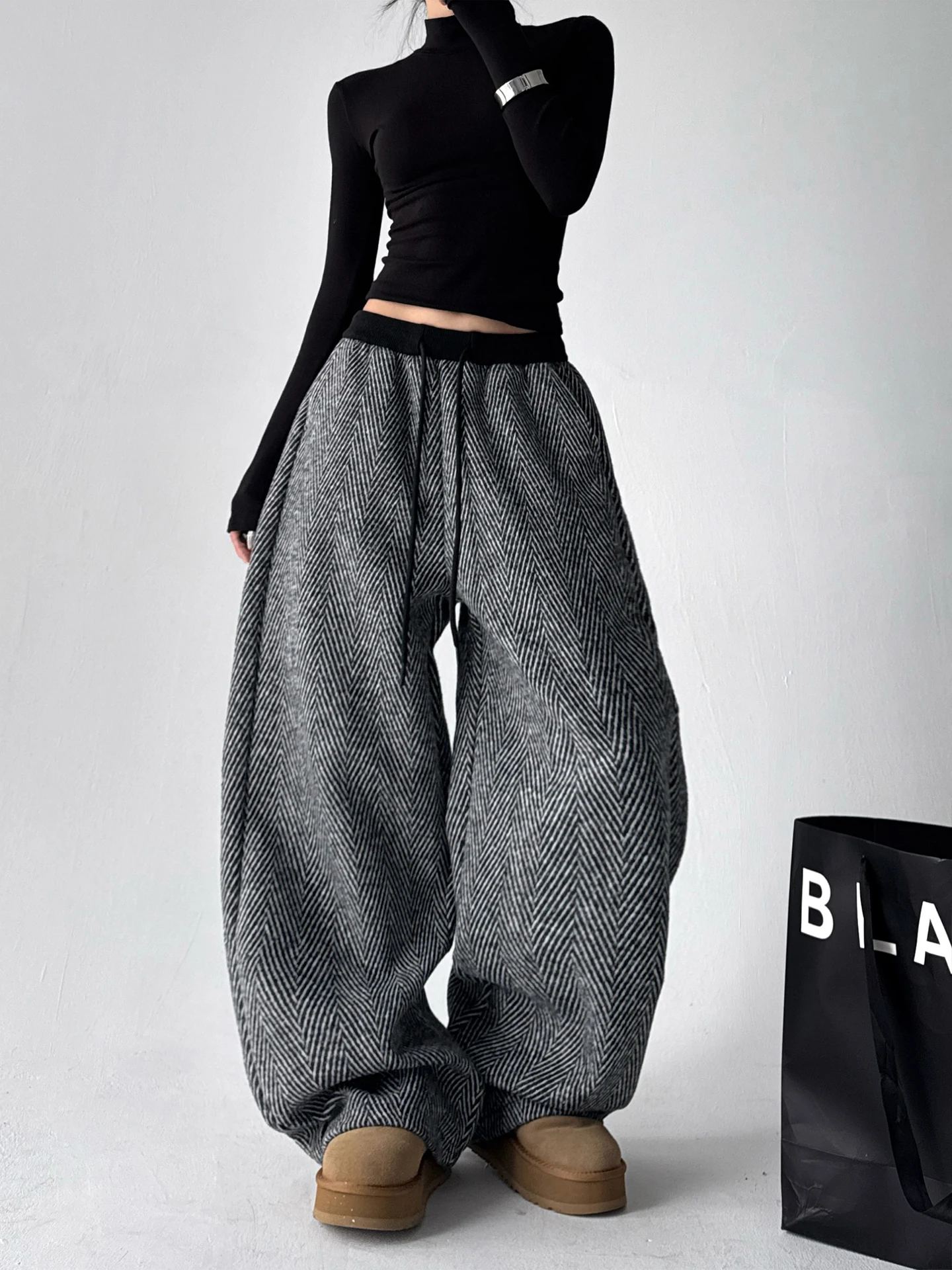 하이웨이스트 와이드 레그 팬츠 여성용 가을 겨울 체크 울 스트레이트 컷 슬림 캐주얼 롱 트라우저 아메리칸 스타일 폴리에스터...