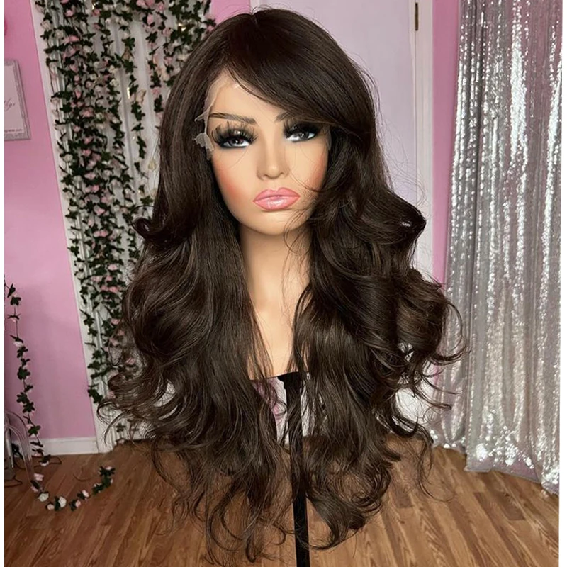 High Ponytail 26Inches Long Wavy Synthetic Lace Front Wigs for Black Women 180Density Glueless Dark Brown Easy Wear Lolita Wigs