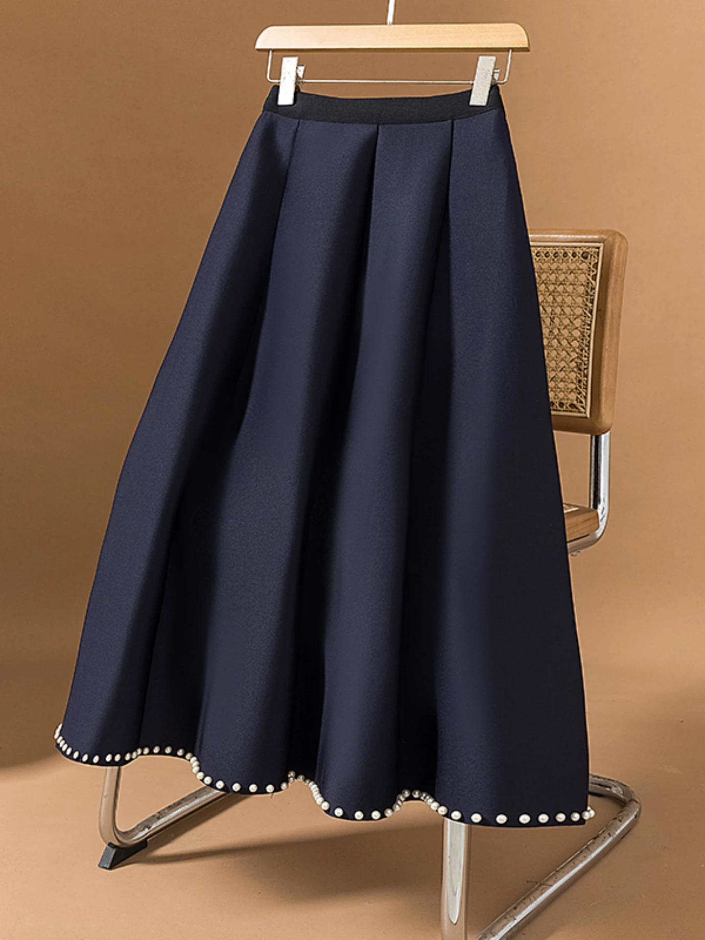 Heavy Embellished A-Line Midi Skirt Women's Spring Autumn plus Size Elegant Pearl Embellishment High Waist Long Skirt