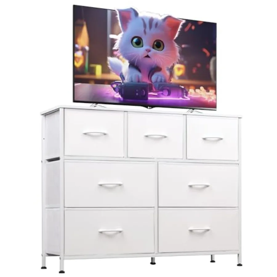 

7 Drawer Dresser TV Stand Dressers for Bedroom Fabric Storage Tower Hallway Entryway Closets Sturdy Steel Frame Wood Top Easy P
