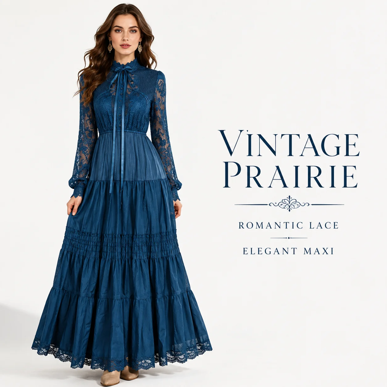blue lace godet maxi dress Women's Vintage High Neck Long Sleeve Tiered Ruffle Cottagecore Prairie Elegant Wedding Guest Dress sophisticated focal point