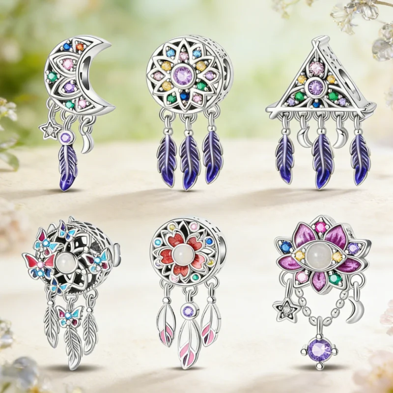 

New 925 Sterling Silver Dream Catcher With Colorful Charms Beads For Women Fit Original Bracelet DIY Birthday Party Jewelry Gift